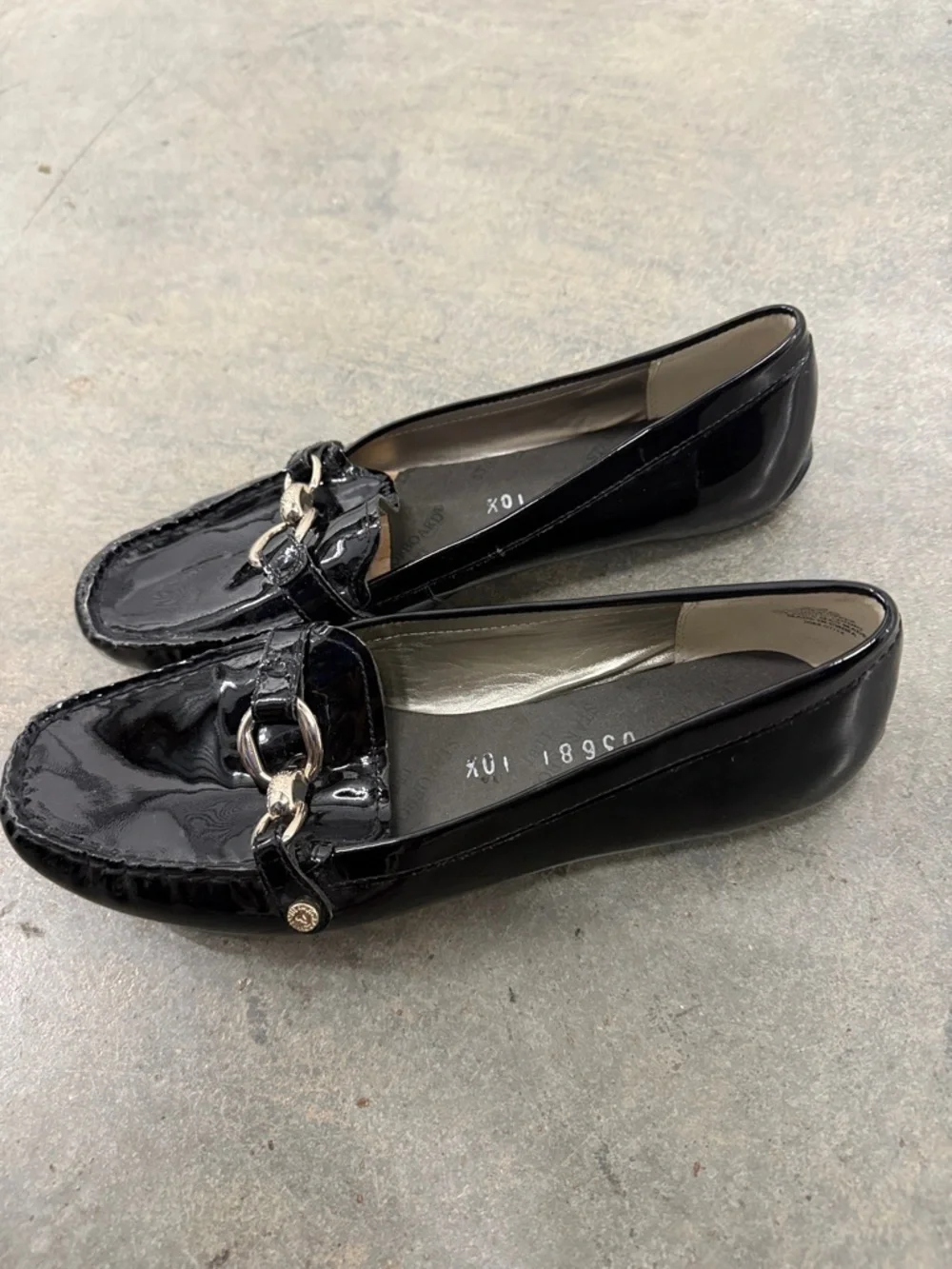 Anne Klein Black Patent Leather Loafers with Silver Hardware